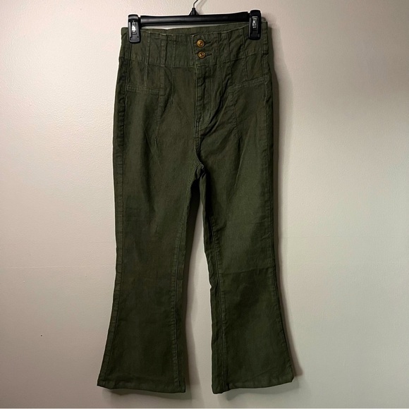 We The Free Boho Corduroy Pants High Rise Flare Button Size 26 Olive Green - Picture 1 of 12